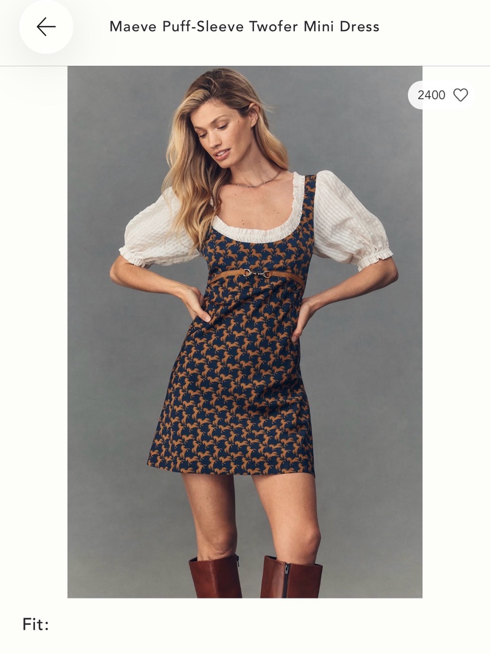 Navy and Brown Horse-Print Dress with Puff Sleeves